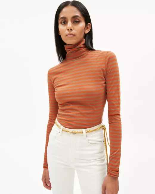 ARMEDANGELS – T-Shirt MALENAA STRIPES – Dark burnt-cedar wood