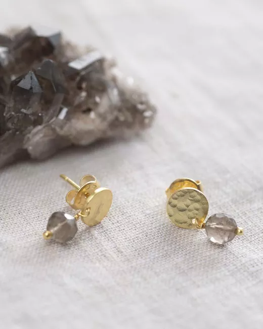 Boucles d’oreilles Mini Coin dorées et quartz fumé