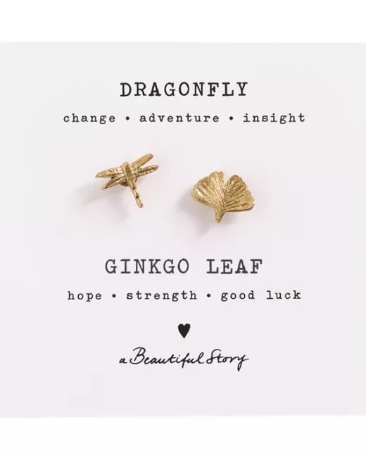 A Beautiful Story - Broche Set Libellule - Feuille de Ginkgo Plaqué Or