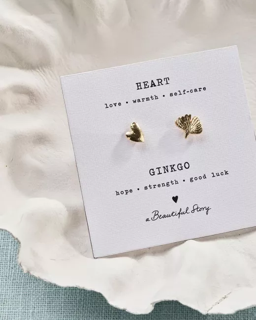 A Beautiful Story - Broche Set Feuille de Ginkgo - Cœur Plaqué Or