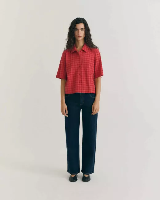 THINKING MU - Blouse RED CHECKS SEERSUCKER ANE