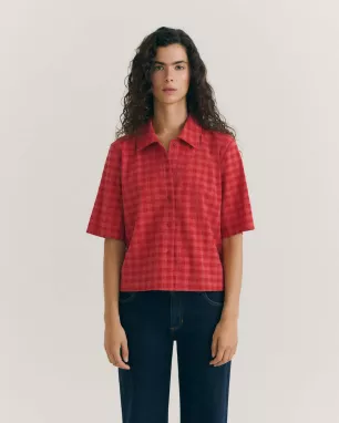 THINKING MU - Blouse RED CHECKS SEERSUCKER ANE