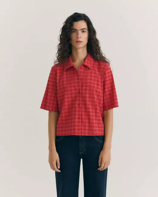 THINKING MU - Blouse RED CHECKS SEERSUCKER ANE