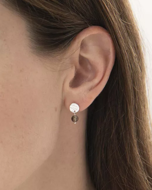 Mini Coin Smokey Quartz Silver Earrings